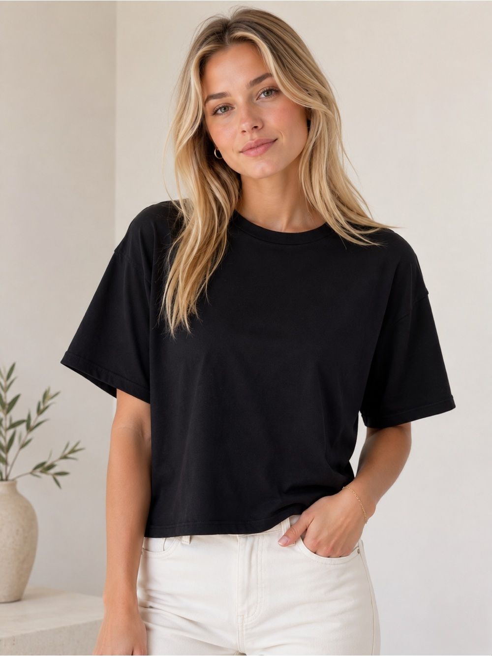 Amazon Black Women's Short Sleeve Boxy Crewneck Tee